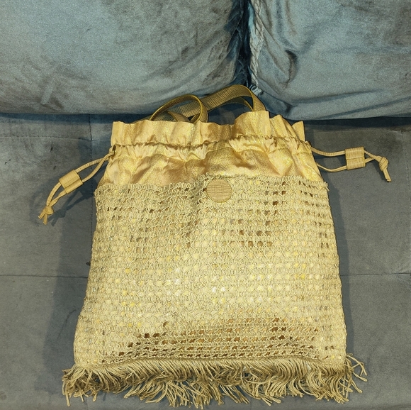 RARE FENDI S.A.S ZUCCA CROCHET GOLD  METALLIC DRAW-STRING FRINGE SHOULDER BAG - Picture 9 of 16